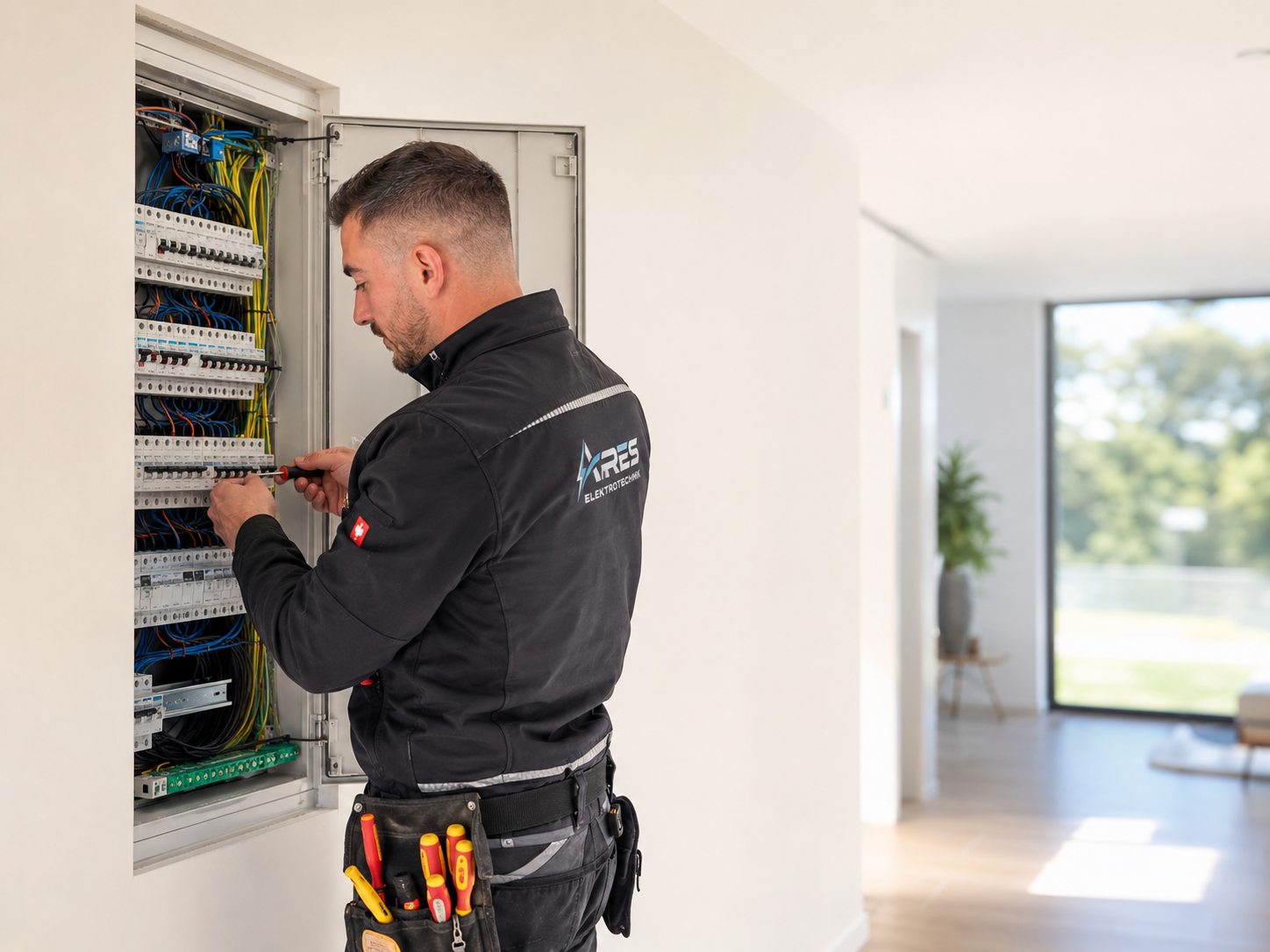 Elektriker von Ares Elektrotechnik arbeitet an einer modernen Elektroverteilung in Frankfurt am Main